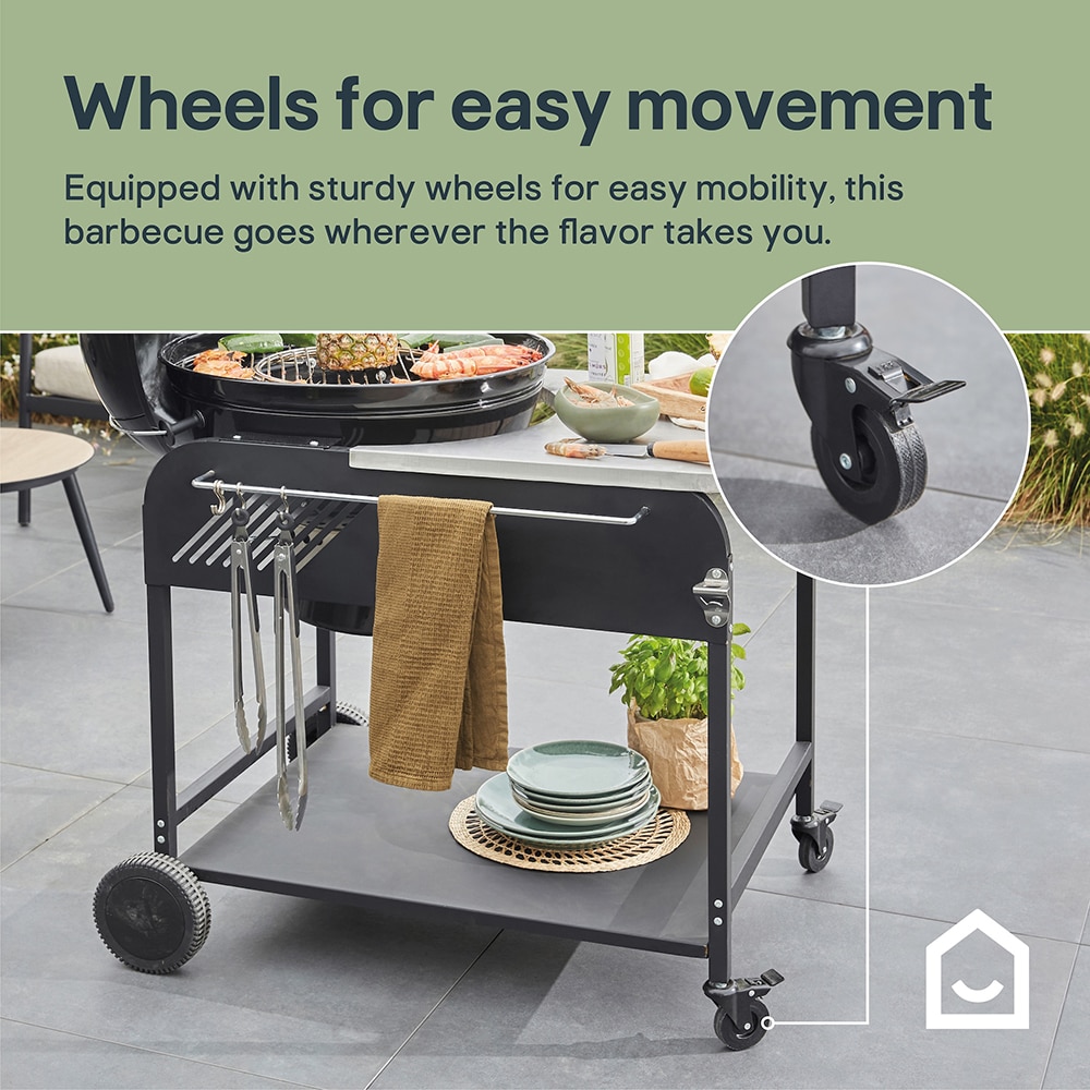 Gratar carbune GOODHOME BBQ Elland, 57cm, 1 suprafata, 4 role, negru