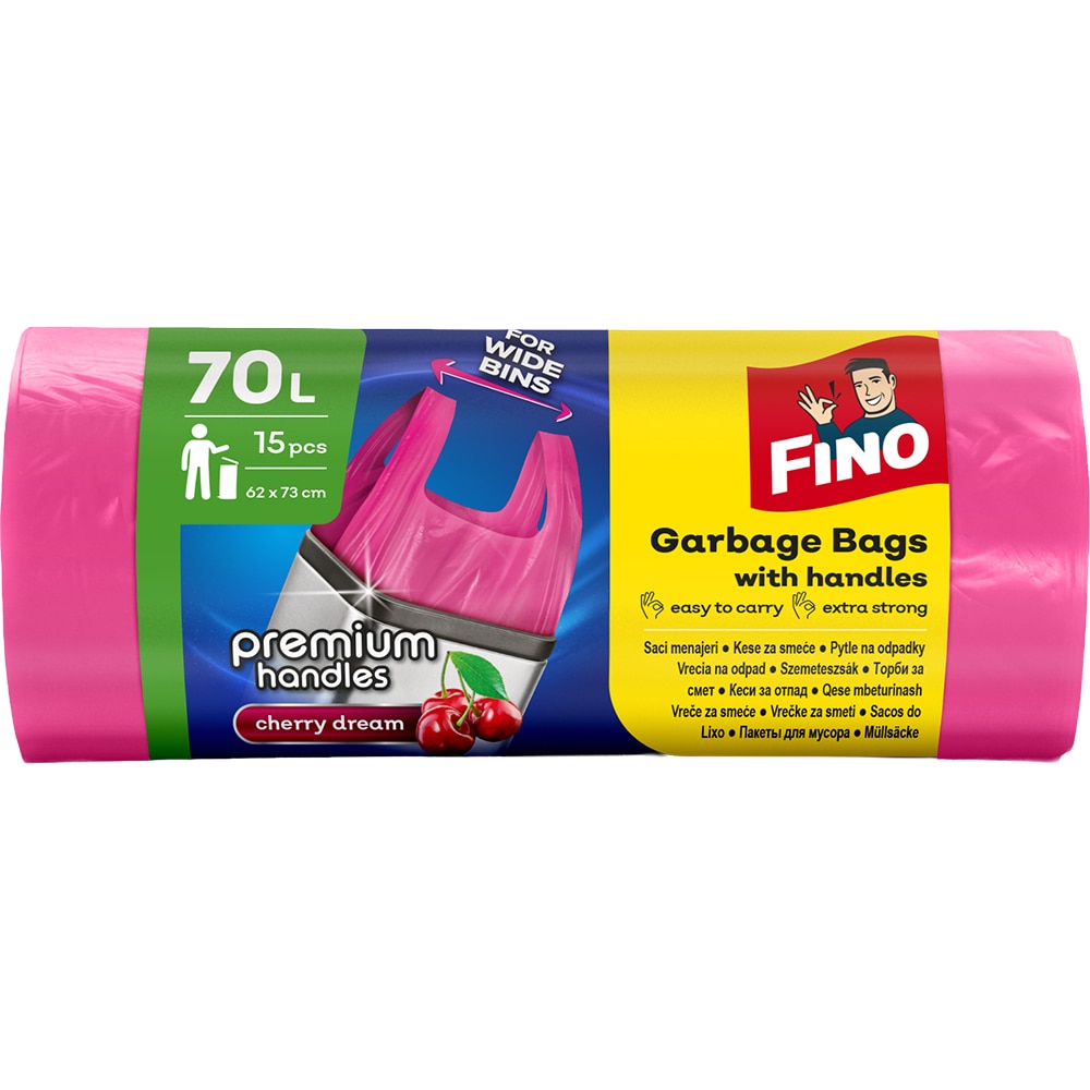 Saci menajeri cu manere FINO Premium, 15 bucati, 70 l, roz