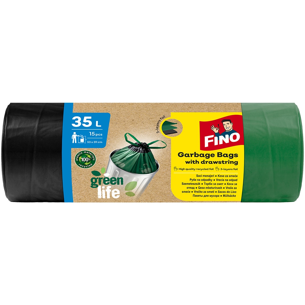 Saci menajeri cu snur FINO Green Life, 15 bucati, 35 l, verde