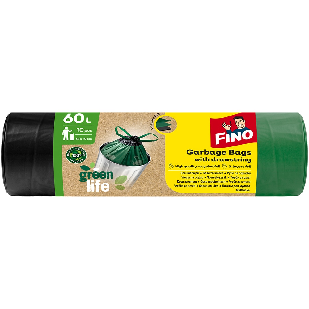 Saci menajeri cu snur FINO Green Life, 10 bucati, 60 l, verde