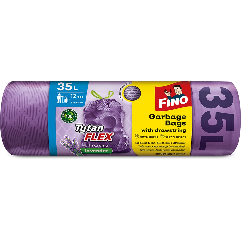 Saci menajeri cu snur FINO Tytan Flex, 12 bucati, 35 l, mov