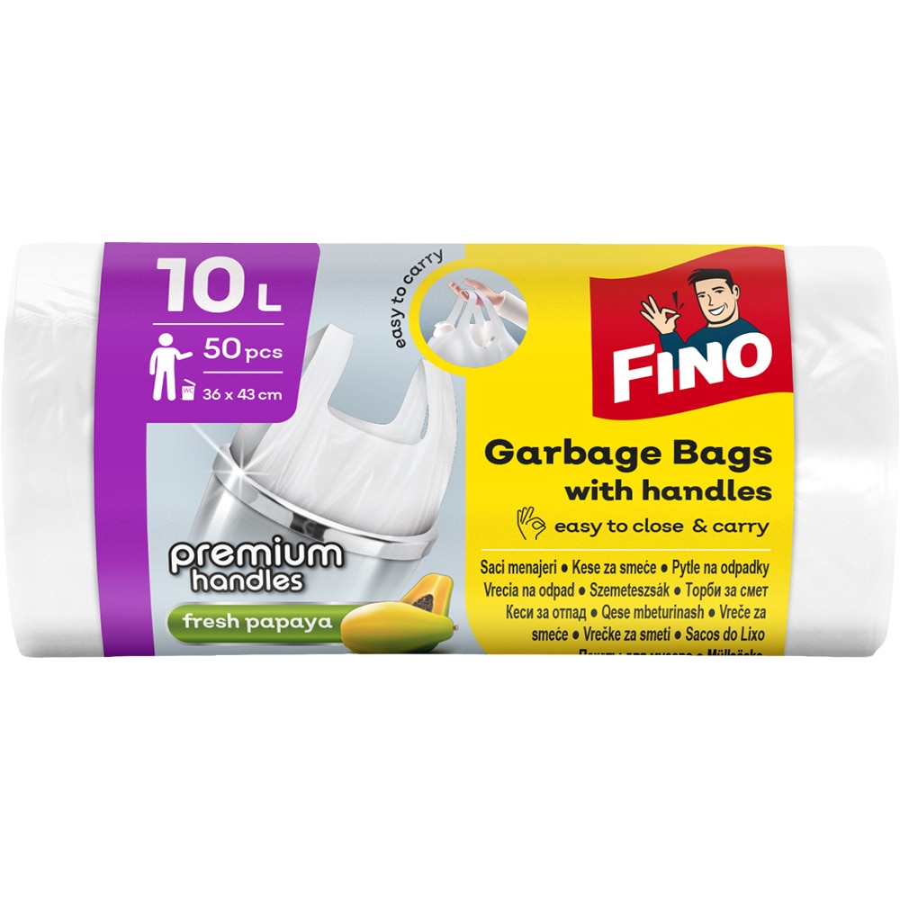Saci menajeri cu manere FINO Premium, 50 bucati, 10 l, alb