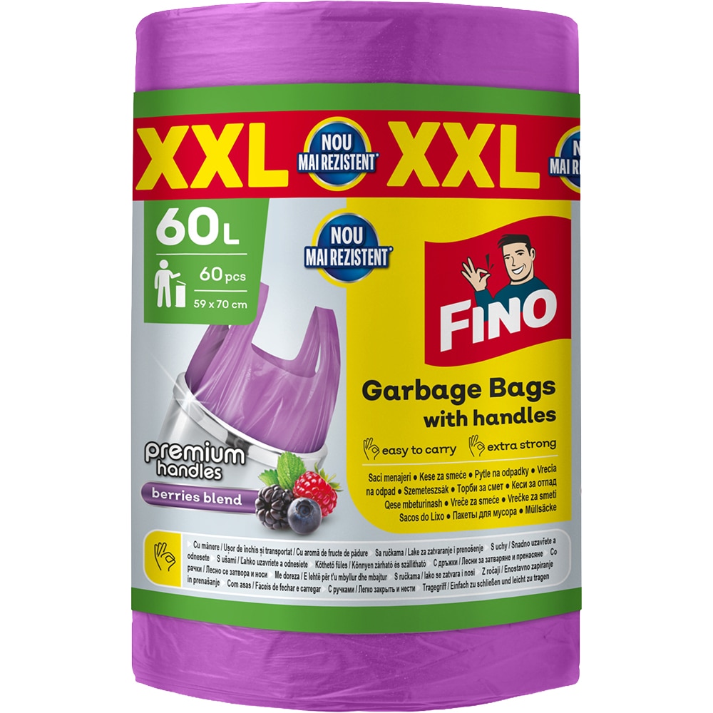 Saci menajeri cu manere FINO Premium, 60 bucati, 60 l, mov