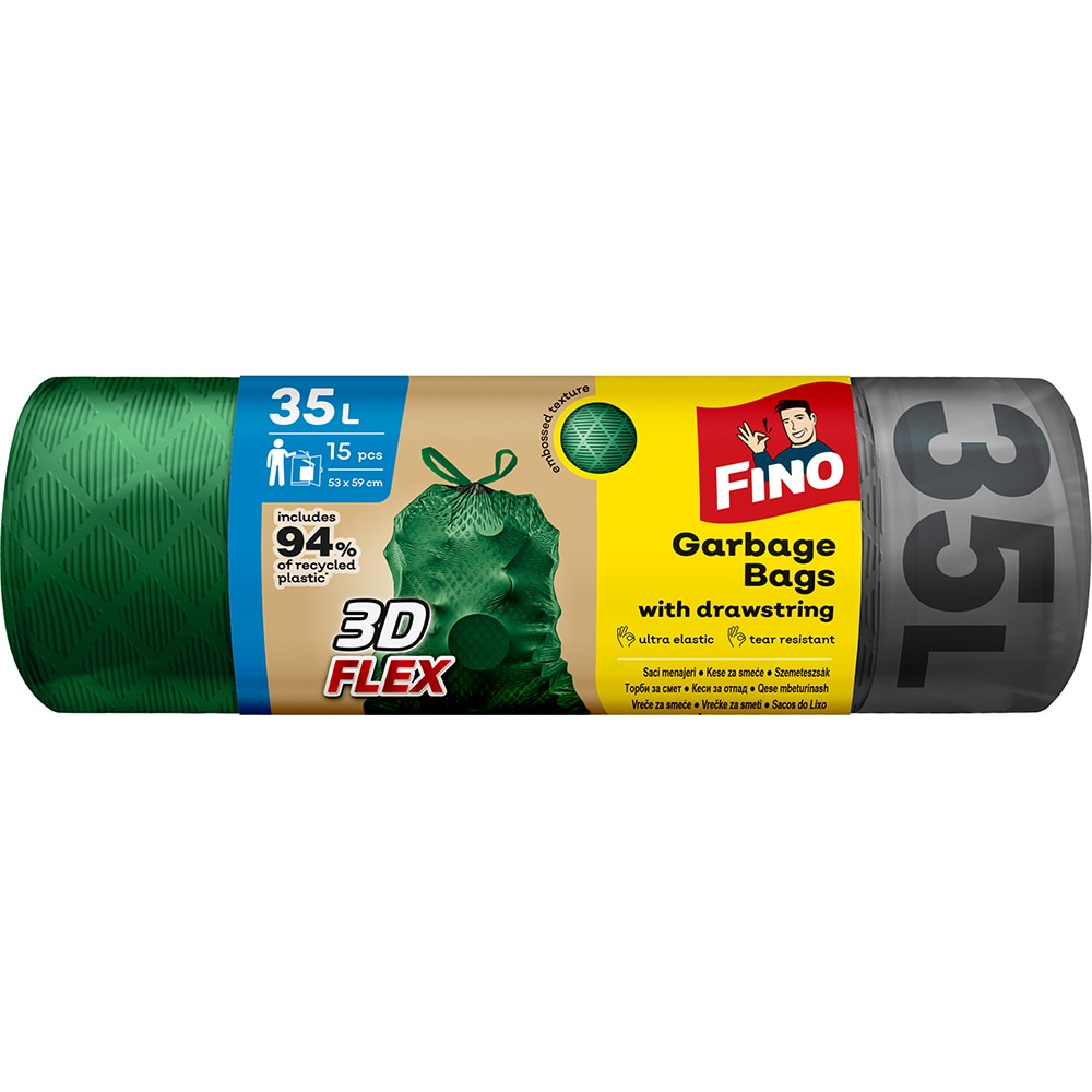 Saci menajeri ultra elastici cu snur FINO 3D Flex, 15 bucati, 35 l, verde