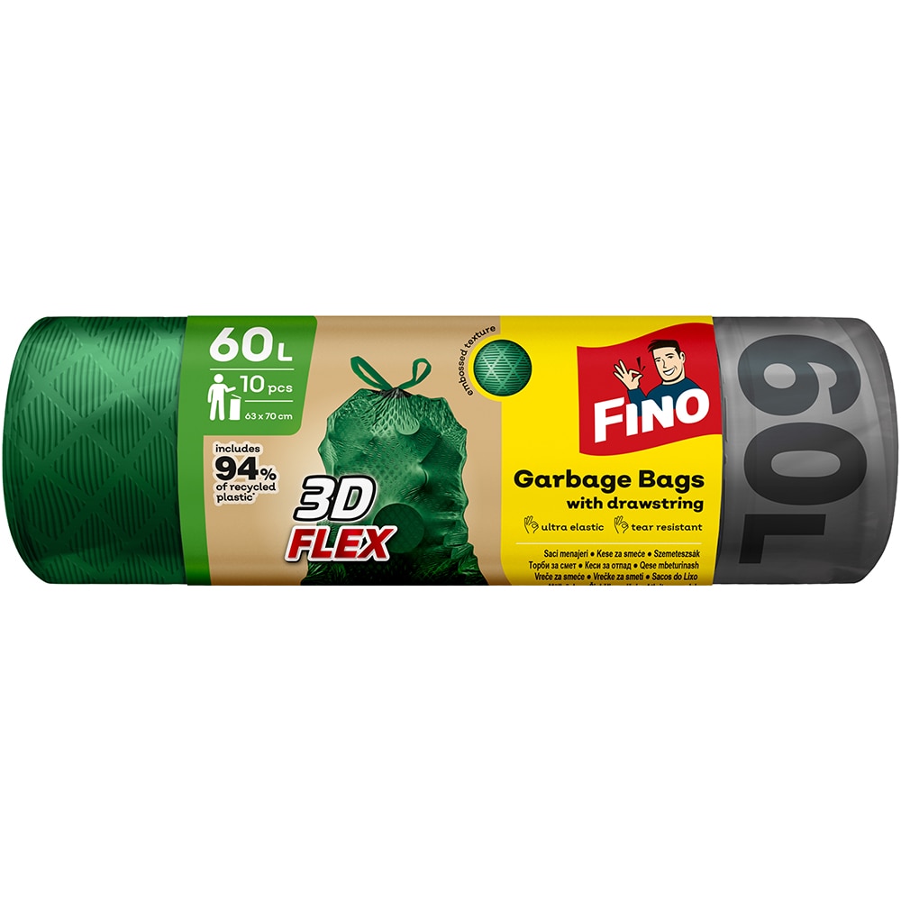Saci menajeri ultra elastici cu snur FINO 3D Flex, 10 bucati, 60 l, verde