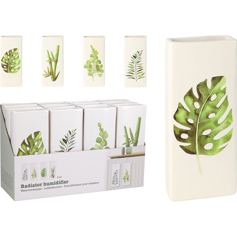 Umidificator pentru calorifer, 20.5 x 8 x 3.5 cm, ceramic, alb/verde, diverse modele cu frunze