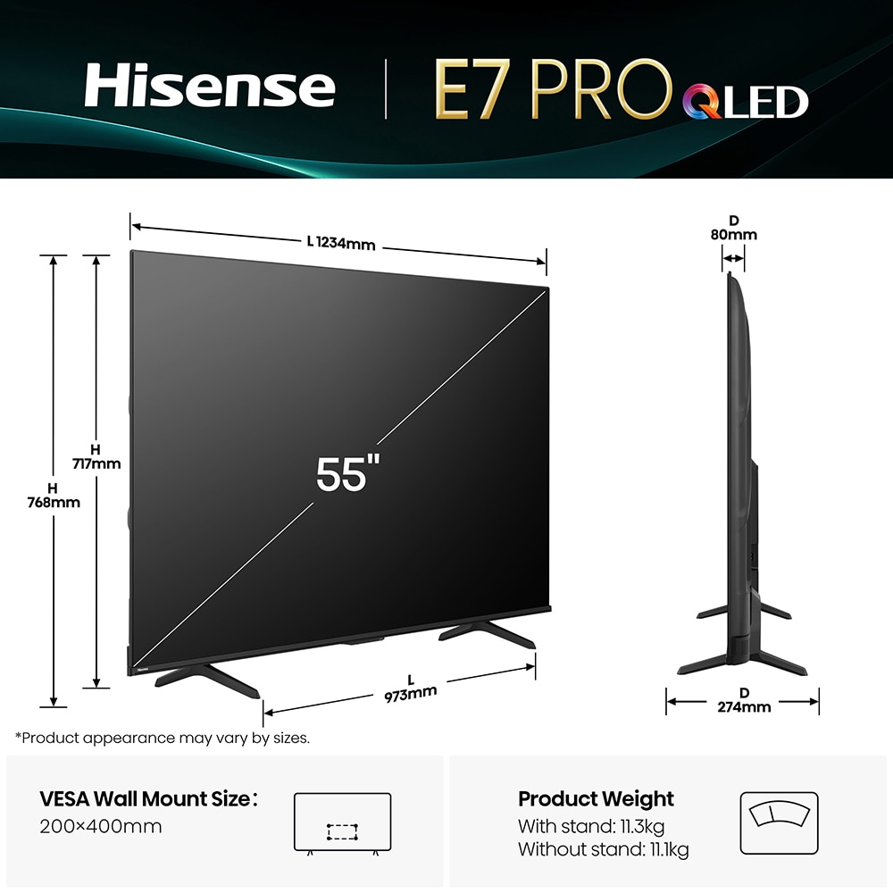 Televizor QLED Smart HISENSE 55E7Q PRO, Ultra HD 4k, 139cm