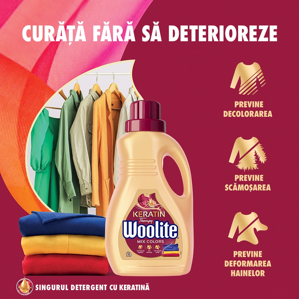 Detergent lichid WOOLITE Keratin Mix Colors, 0.9 l, 15 spalari