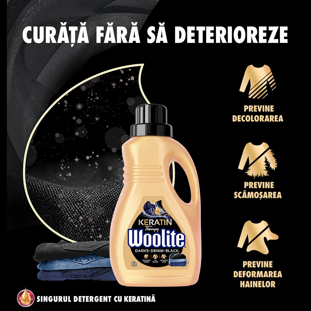 Detergent lichid WOOLITE Keratin Darks, 0.9 l, 15 spalari