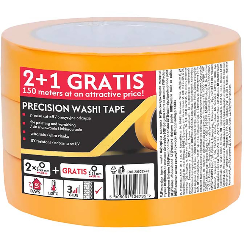 Banda adeziva mascare SCLEY 572 Precision Washi Tape, 25mm x 50m, galben, 3buc