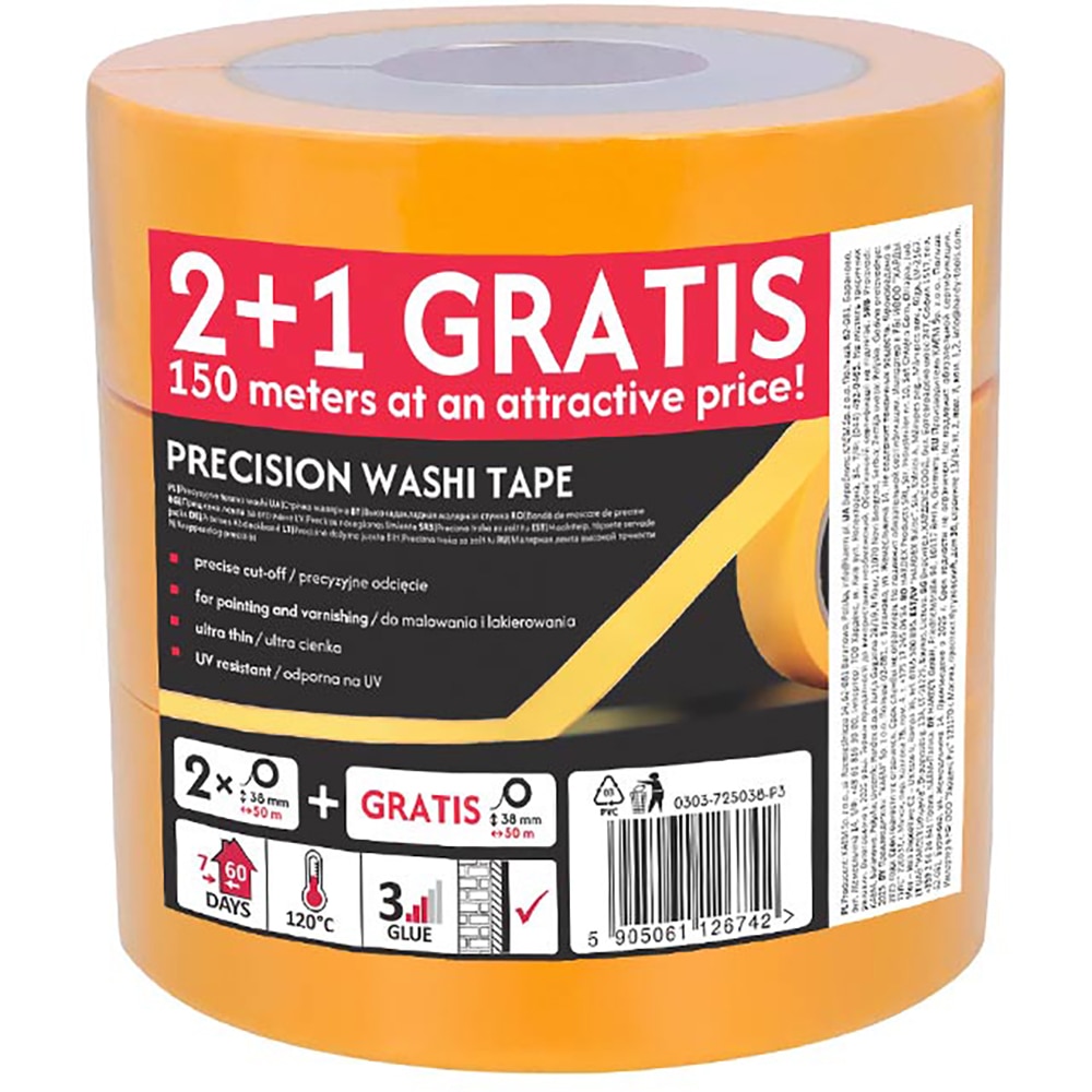 Banda adeziva mascare SCLEY 572 Precision Washi Tape, 38mm x 50m, galben, 3buc