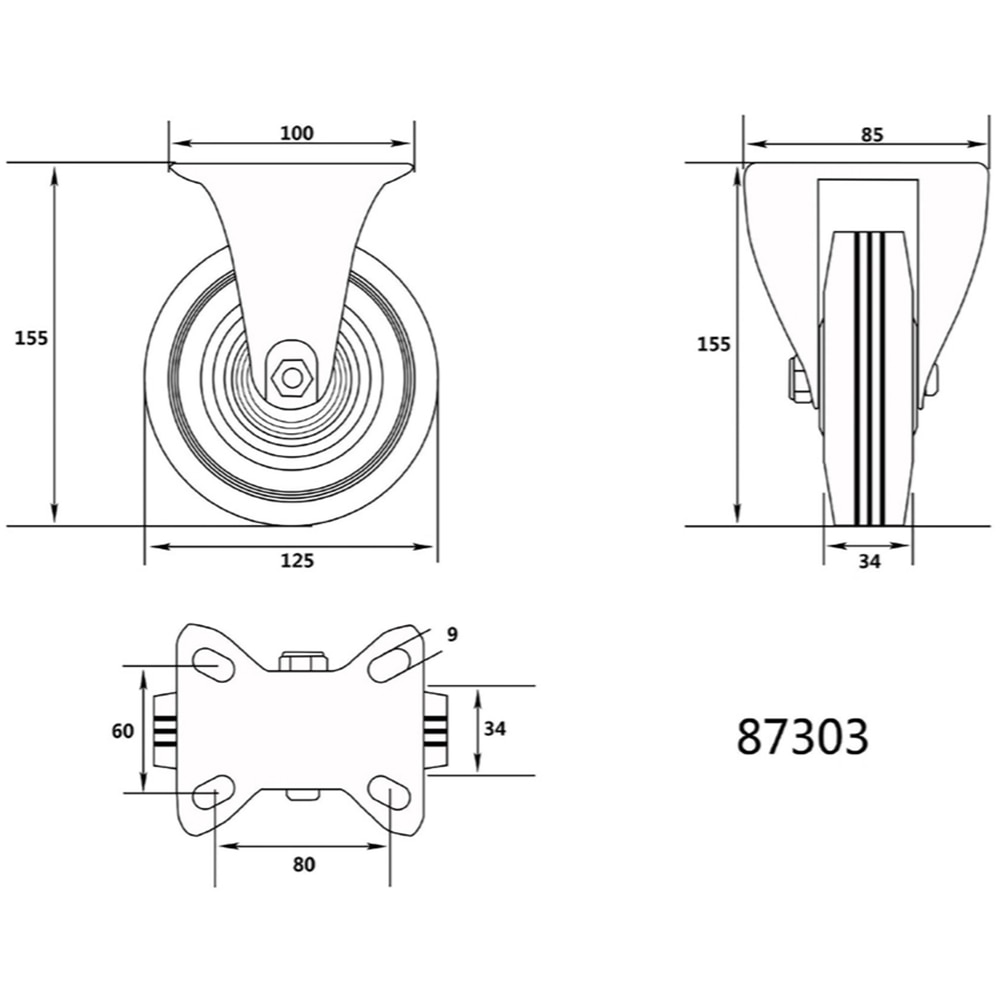 Roata fixa pentru carucior VOREL, cauciuc, D15.5 cm, negru