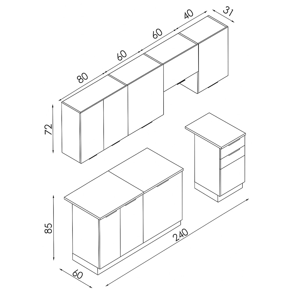 Mobila bucatarie Soul II, PAL, 8 piese, 240 x 60 x 223 cm, gri