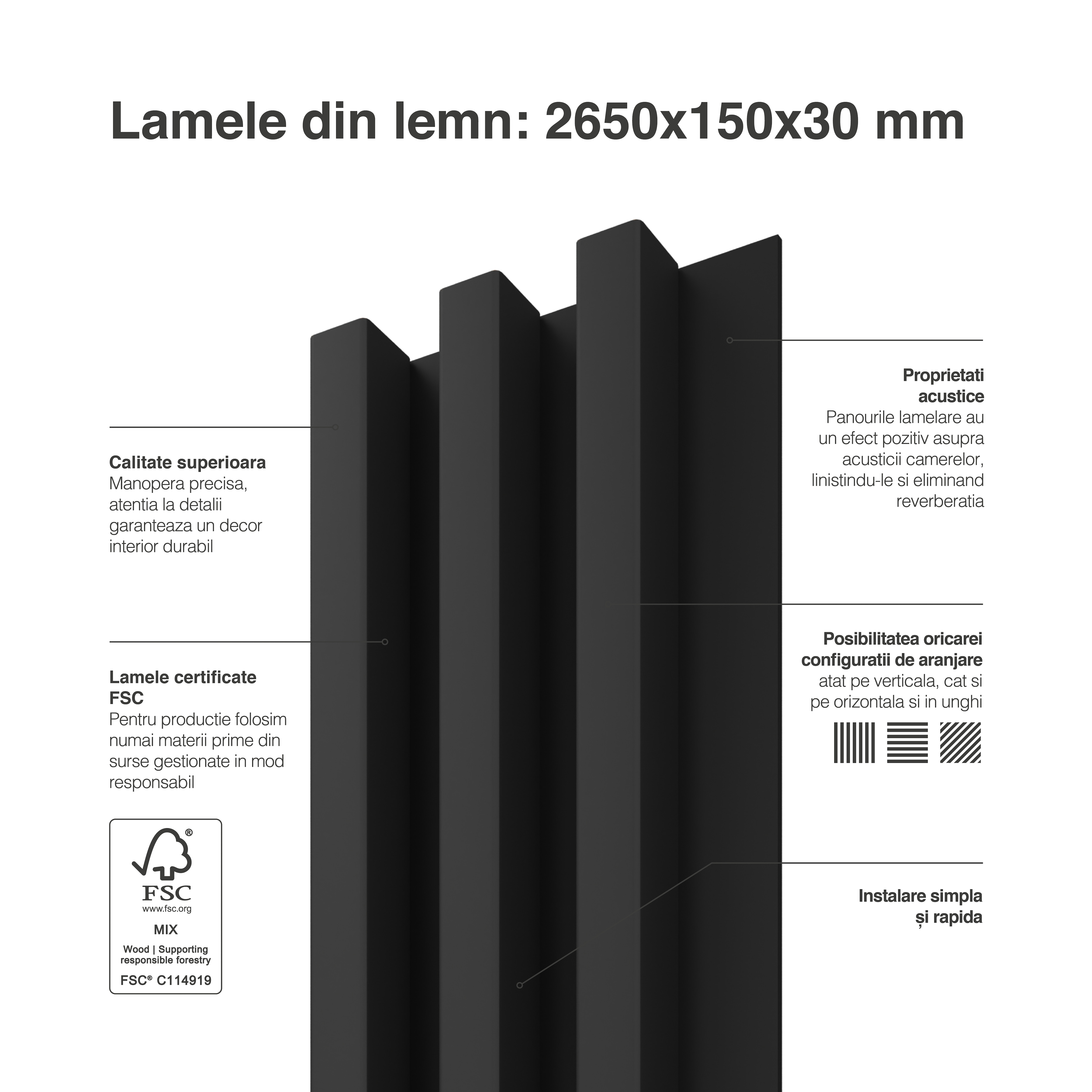 Panou riflaj decorativ, 265 x 15 x 3 cm, slim negru