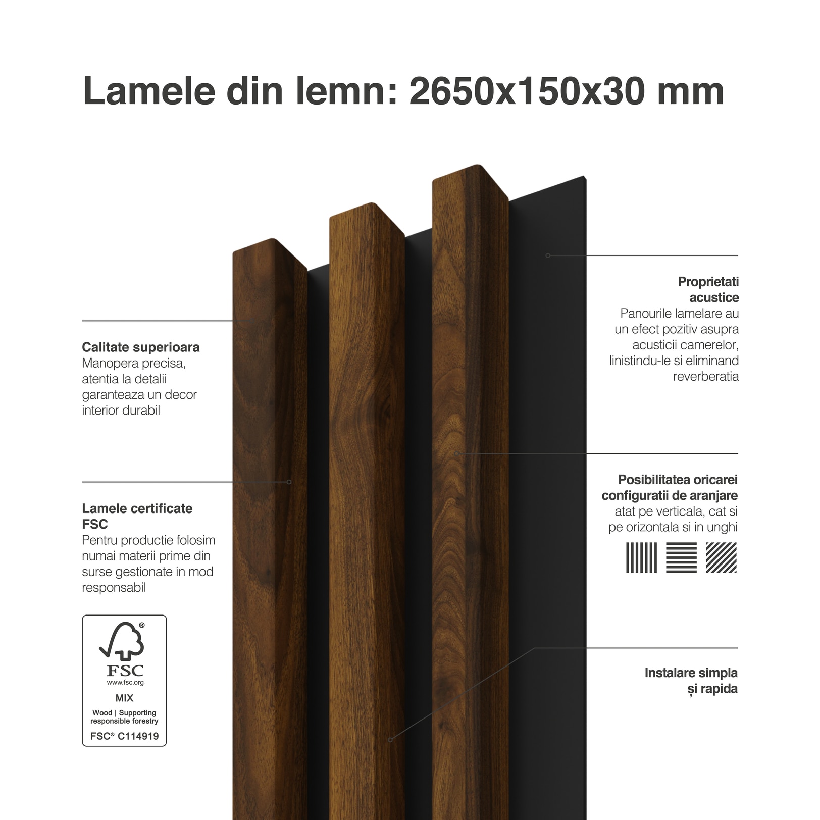 Panou riflaj decorativ, 265 x 15 x 3 cm, slim maro inchis