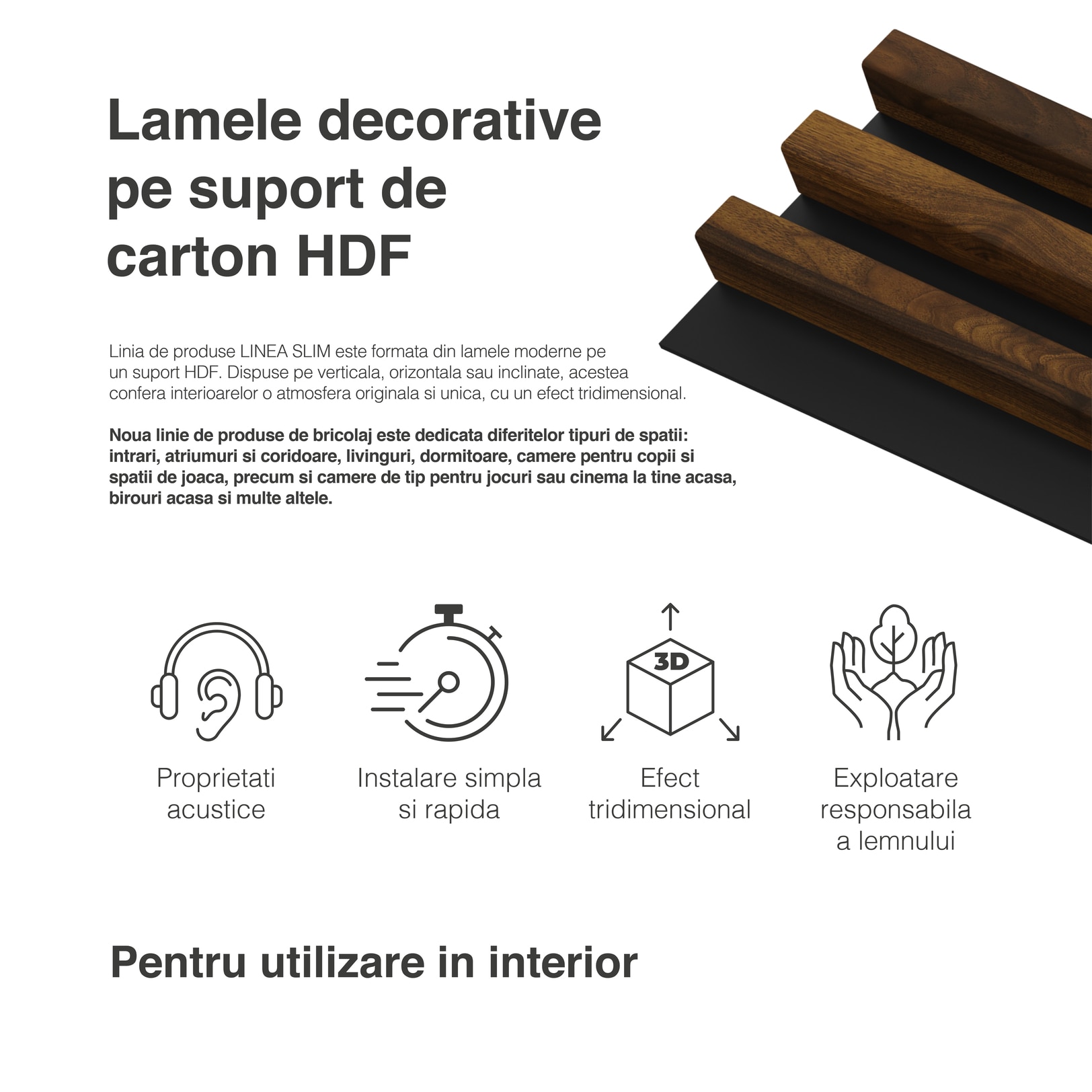 Panou riflaj decorativ, 265 x 15 x 3 cm, slim maro inchis