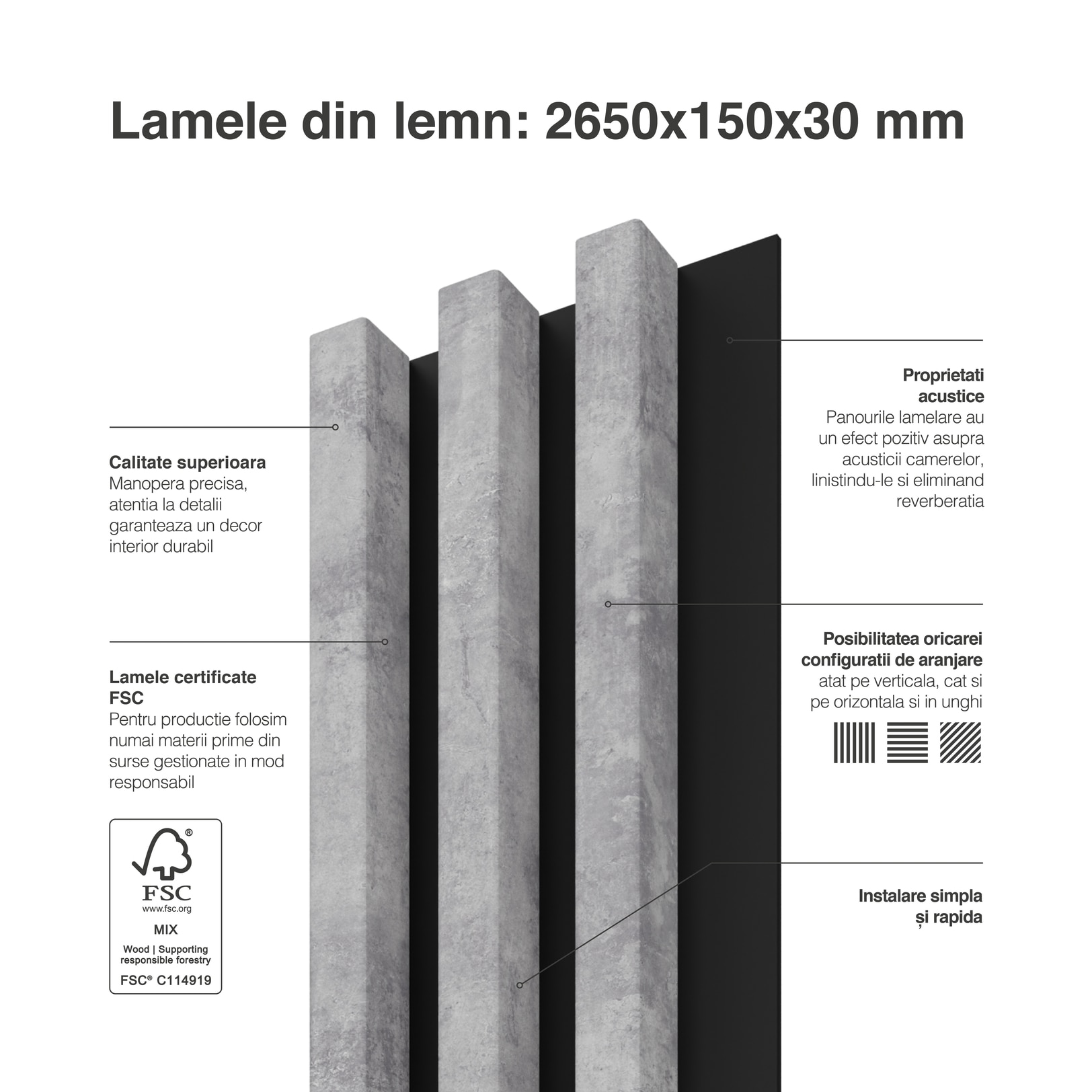 Panou riflaj decorativ, 265 x 15 x 3 cm, slim gri