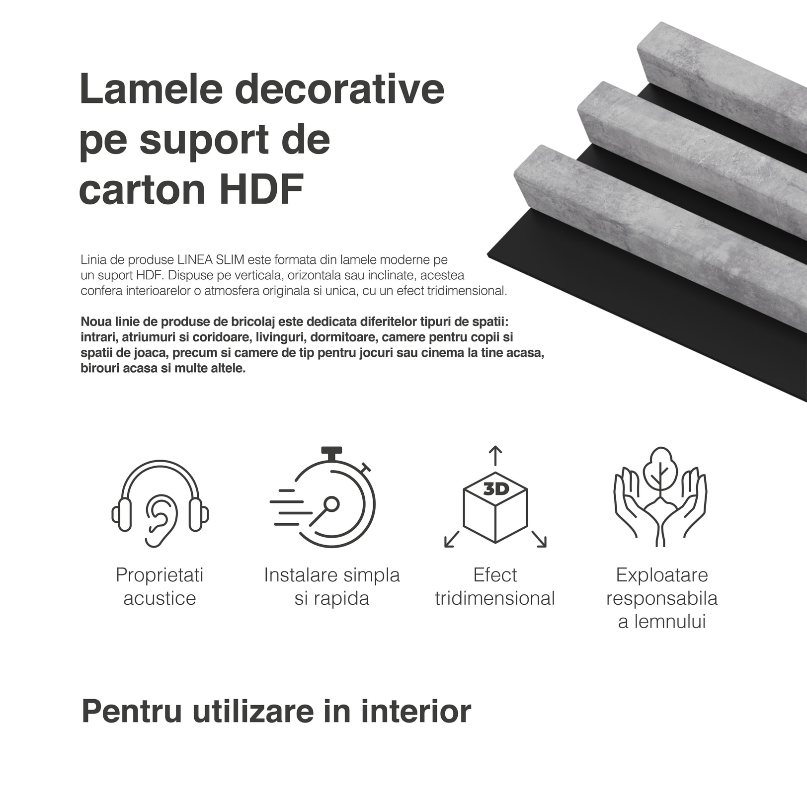 Panou riflaj decorativ, 265 x 15 x 3 cm, slim gri