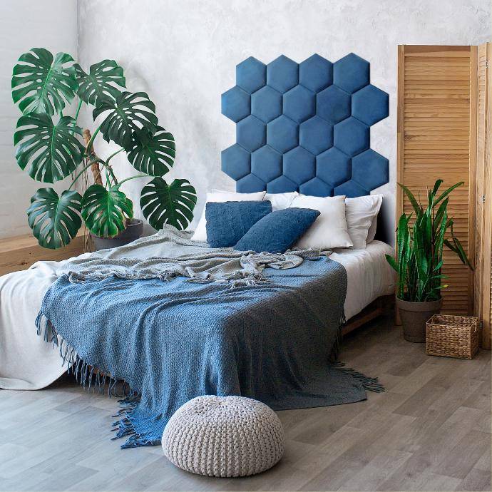 Panou tapitat, albastru, hexagon, 17 cm