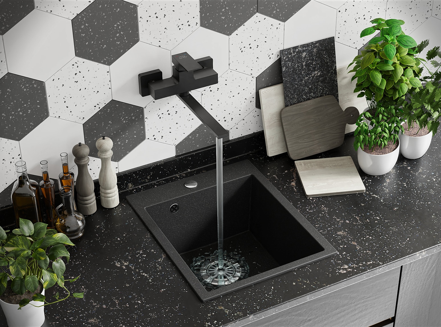 Baterie de bucatarie, monocomanda, finisaj negru mat  Kvadrato