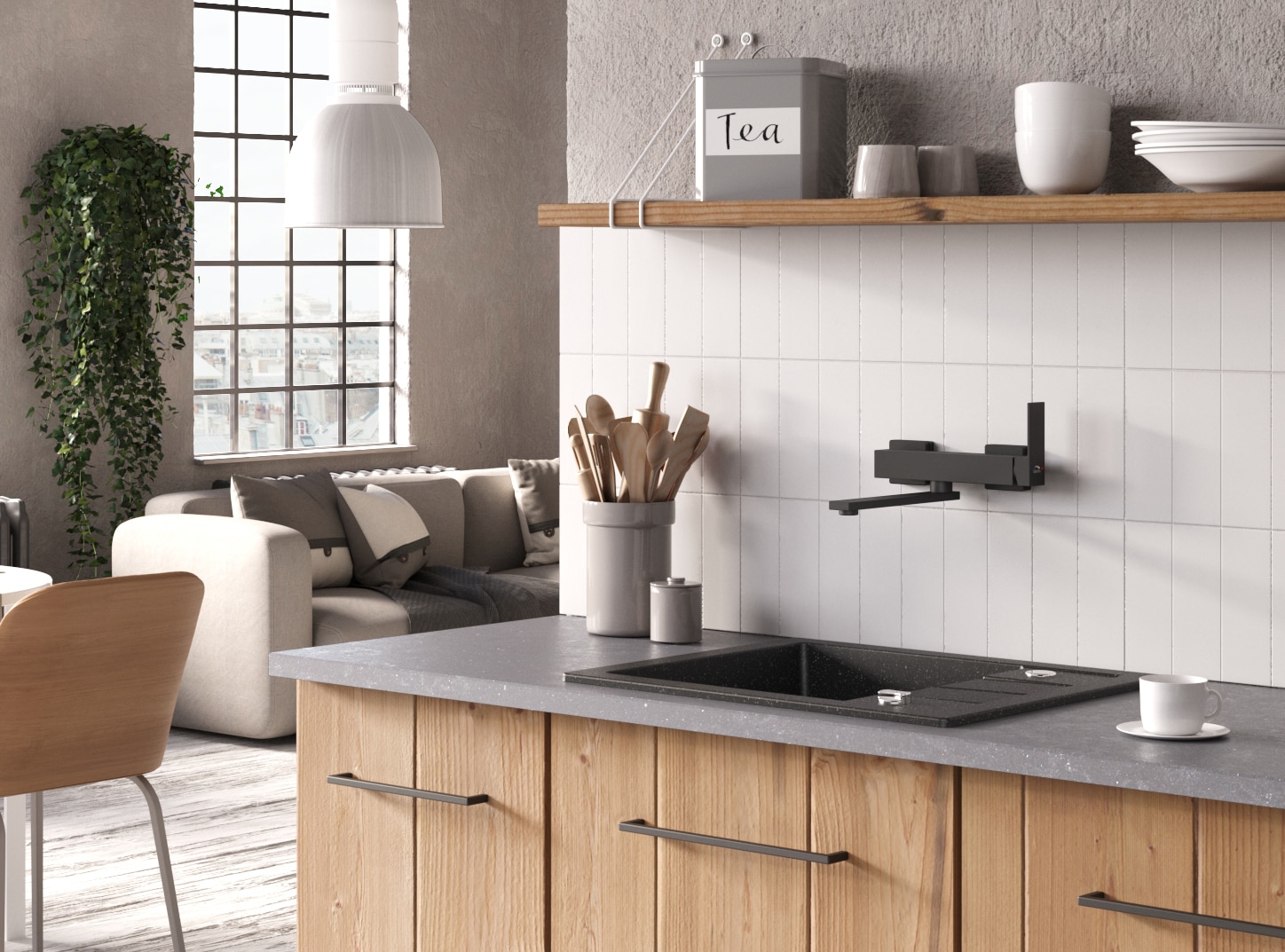 Baterie de bucatarie, monocomanda, finisaj negru mat  Kvadrato