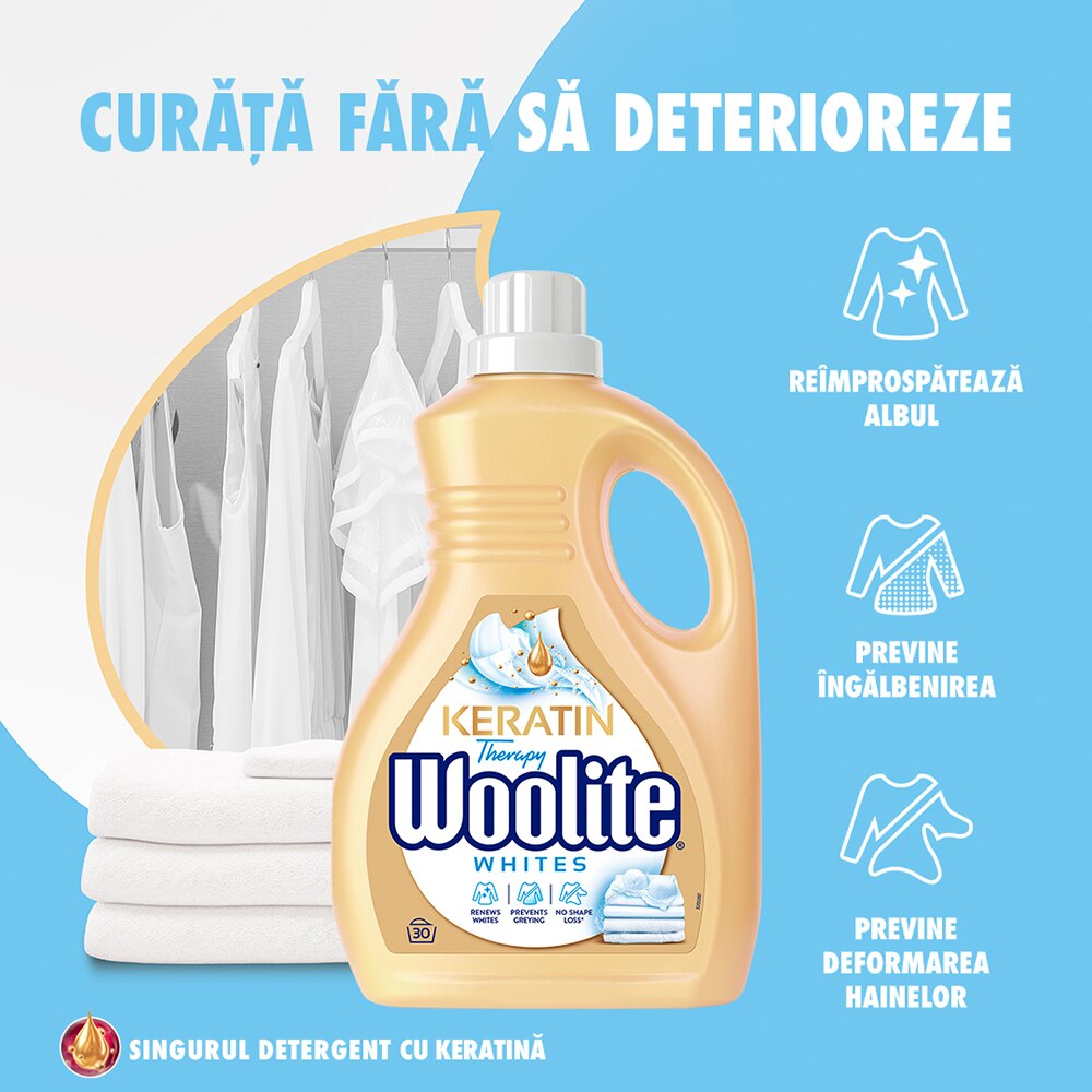 Detergent lichid WOOLITE Keratin Whites, 1.8 l, 30 spalari