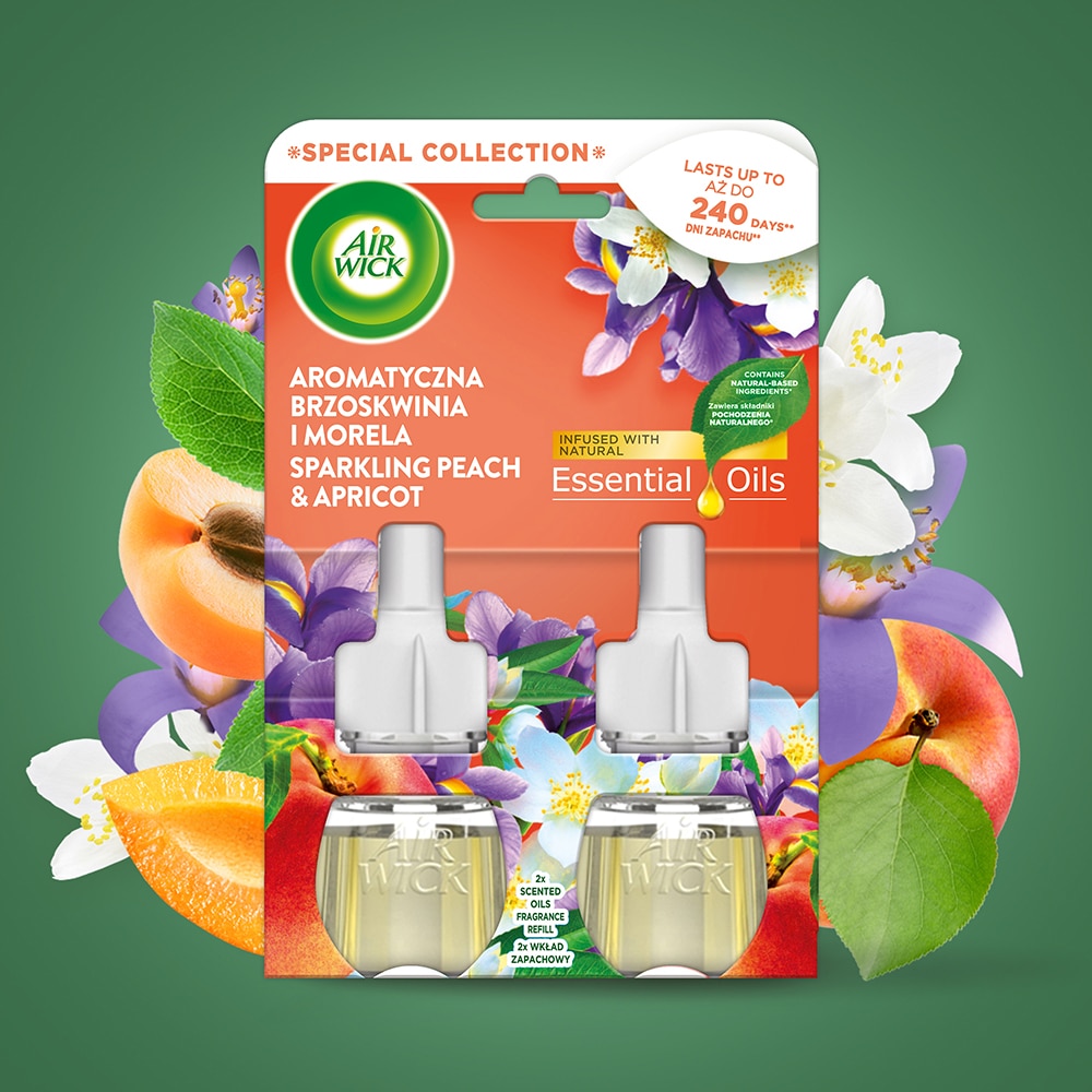 Set rezerve odorizant de camera electric AIR WICK, Piersici si Caise, 2 x 19 ml