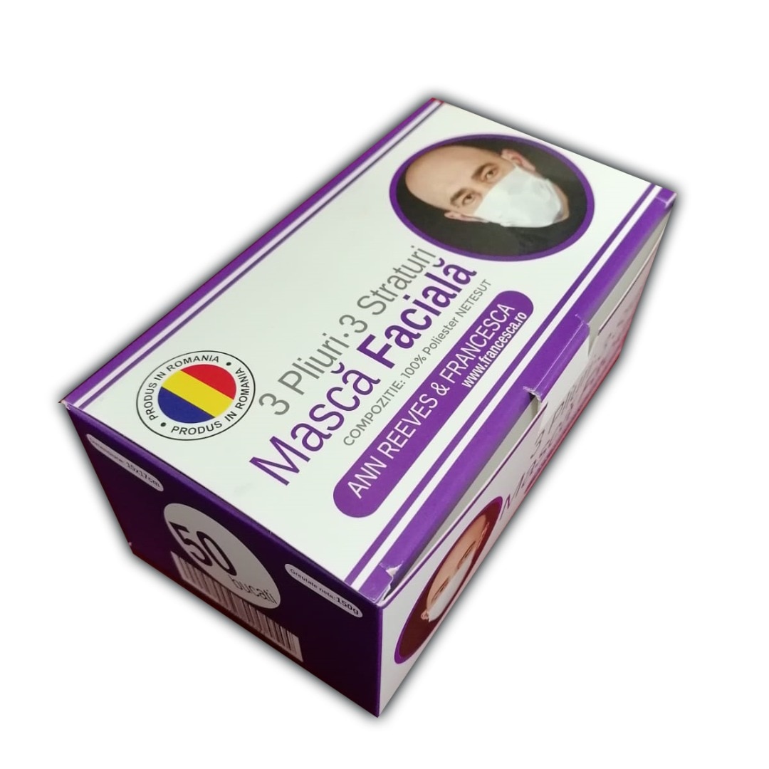 Set 50 masti protectie faciala, simple, 3 straturi, alb