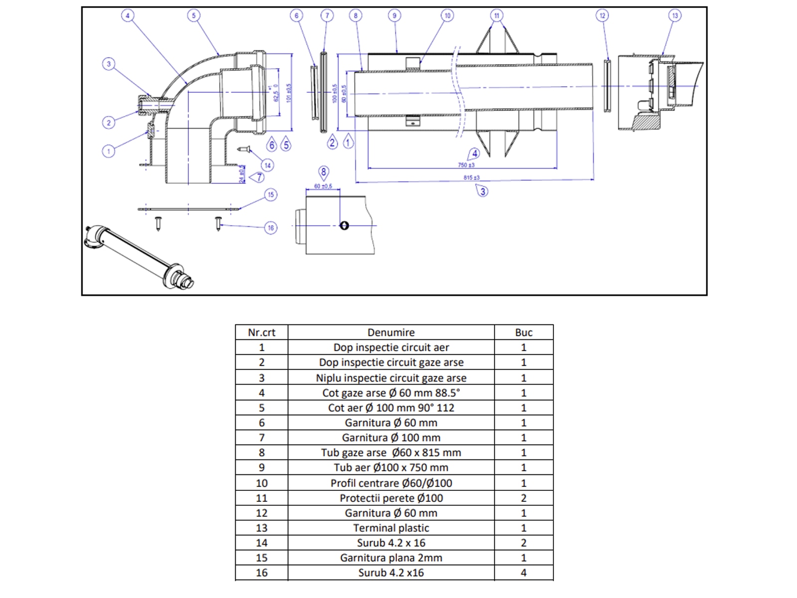 Kit evacuare coaxial pentru centrale termice in condensare Motan 50/100 CT