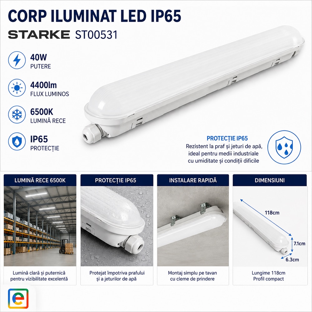 Corp LED industrial STARKE, 40W, 4400lm, 6500K, IP65, 118cm