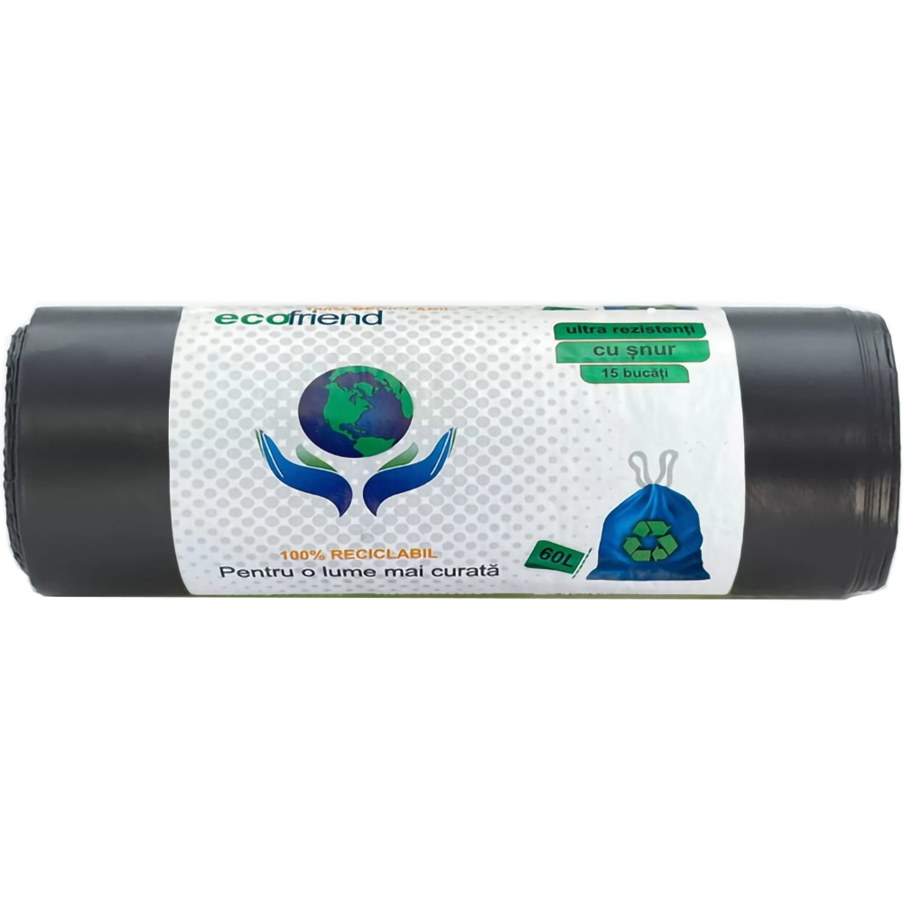 Saci menajeri ECOFRIEND 7938, cu snur, 60 l, 15 bucati/rola