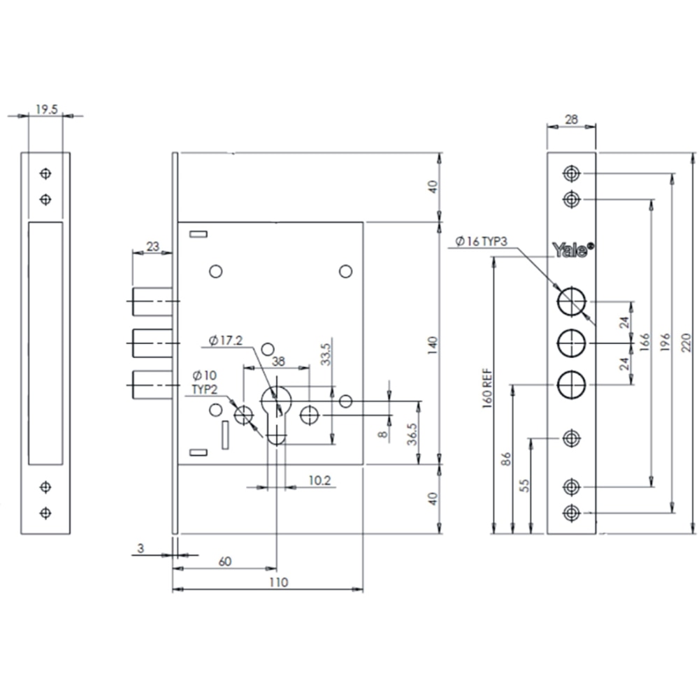 Broasca ingropata YALE 353 P NC, 3 bolturi, 110 x 140 mm, argintiu