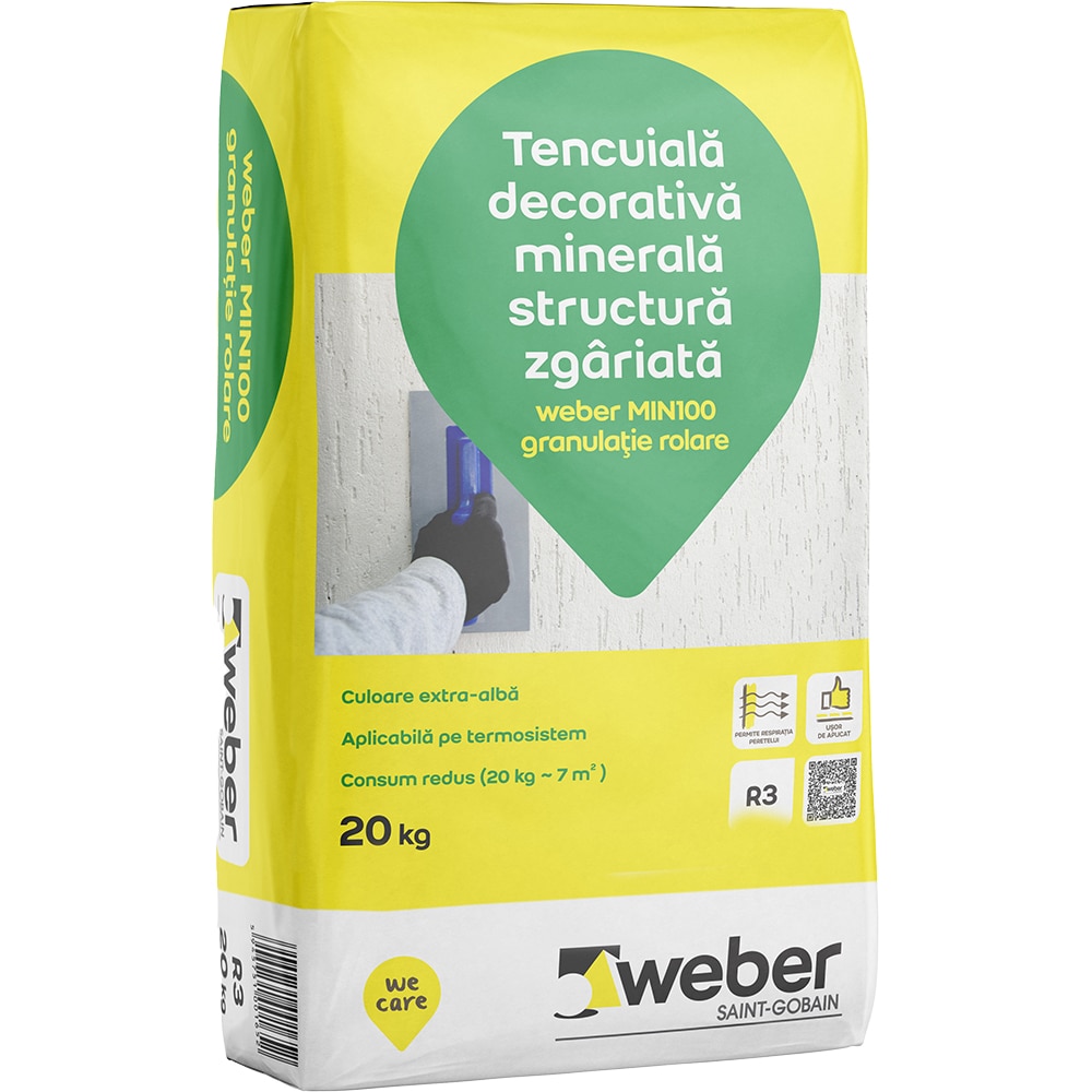 Tencuiala decorativa minerala structurata Weber Min 100 R3, extra-alb, 20 kg