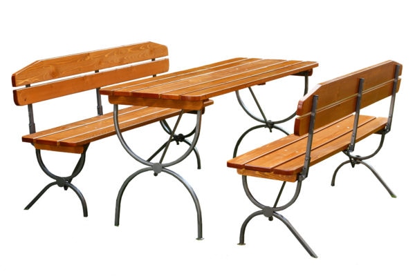 Set mobilier gradina/terasa/berarie, culoare maro, lemn, 6 persoane, masa + 2 banci cu spatar • Linz