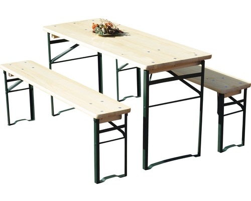 Set mobilier gradina/terasa pentru copii Mobilaiud Kinder, lemn, masa + 2 banci, 3 piese, bej