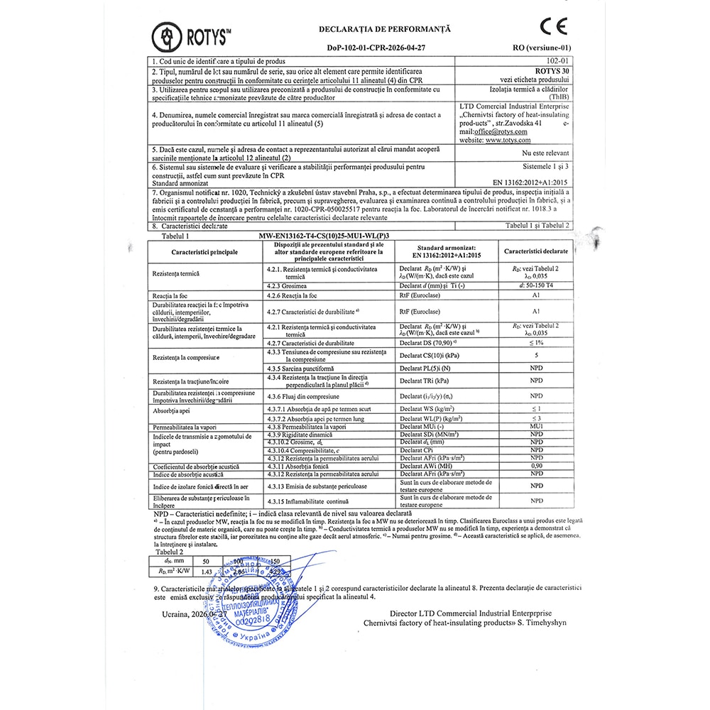 Vata minerala bazaltica ROTYS Light 30, 1000 x 600 x 100 mm, 2.4 mp