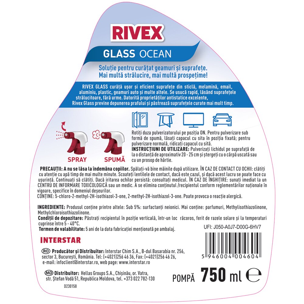 Solutie de curatat geamuri RIVEX Glass, Ocean, 750 ml