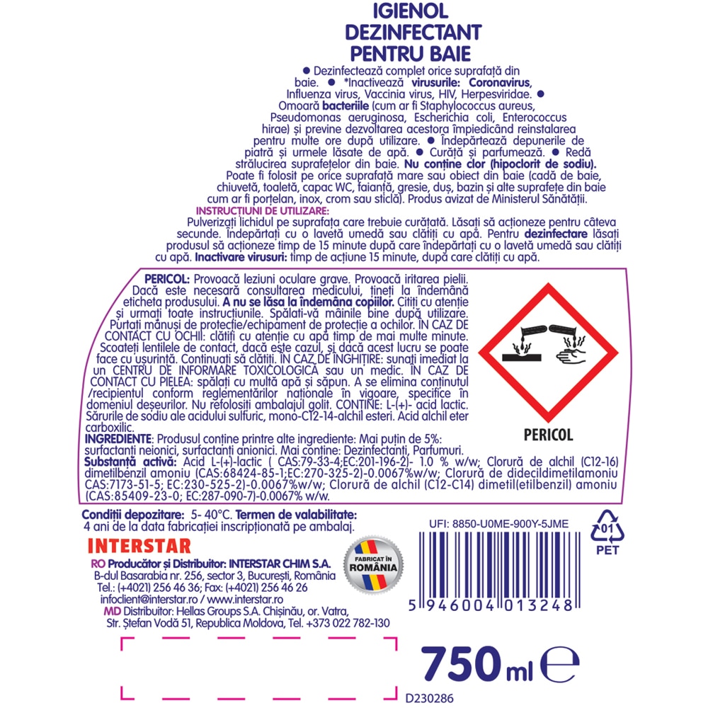 Spray dezinfectant IGIENOL, Baie, 750 ml