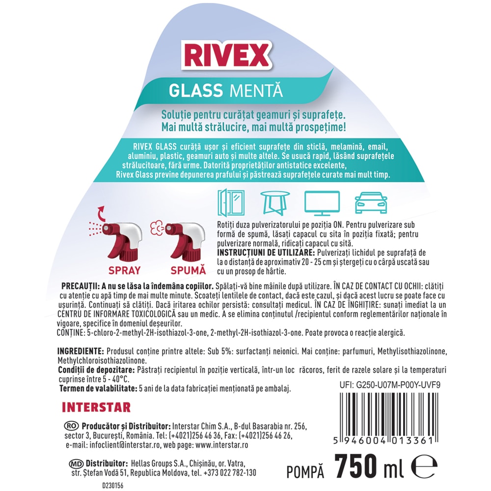 Solutie de curatat geamuri RIVEX Glass, Menta, 750 ml