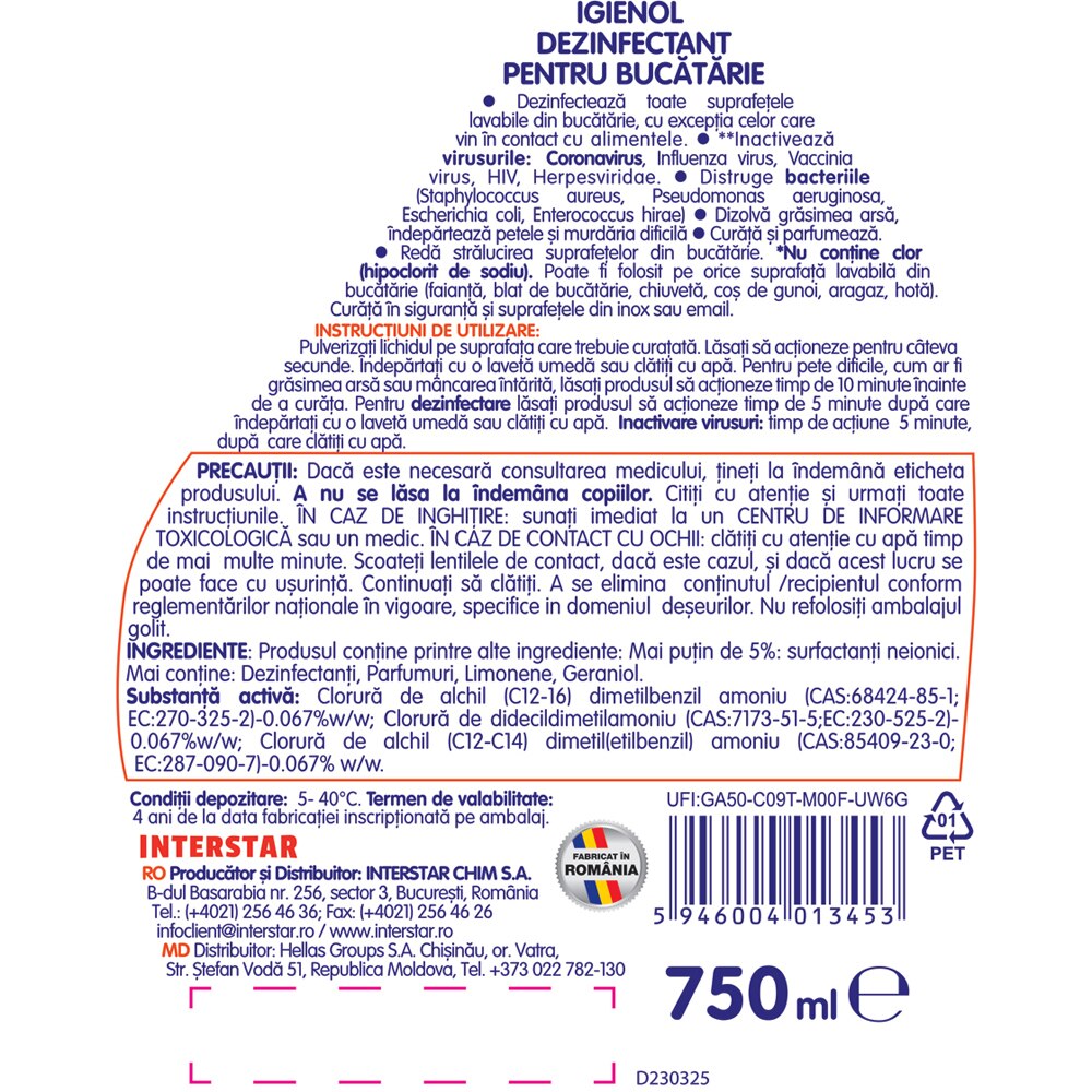 Spray dezinfectant IGIENOL, Bucatarie, 750 ml