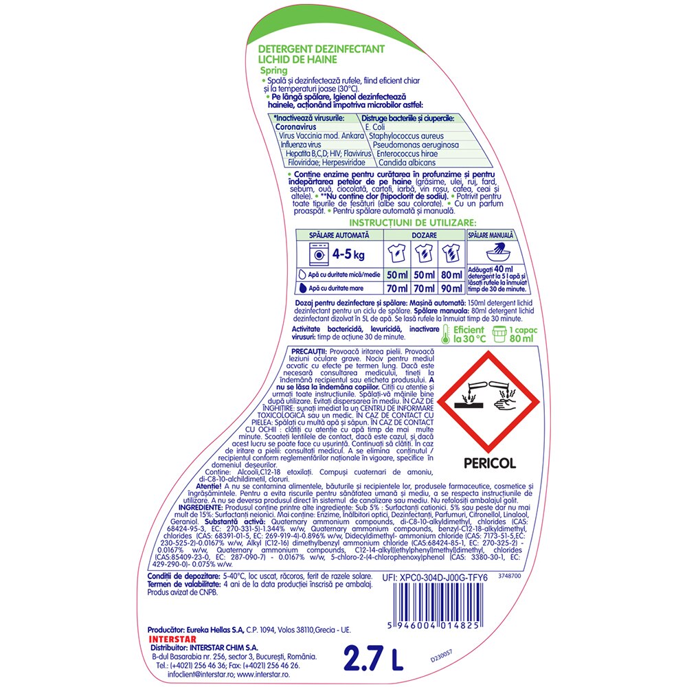 Detergent lichid IGIENOL Spring Fresh, 2.7 l, 54 spalari