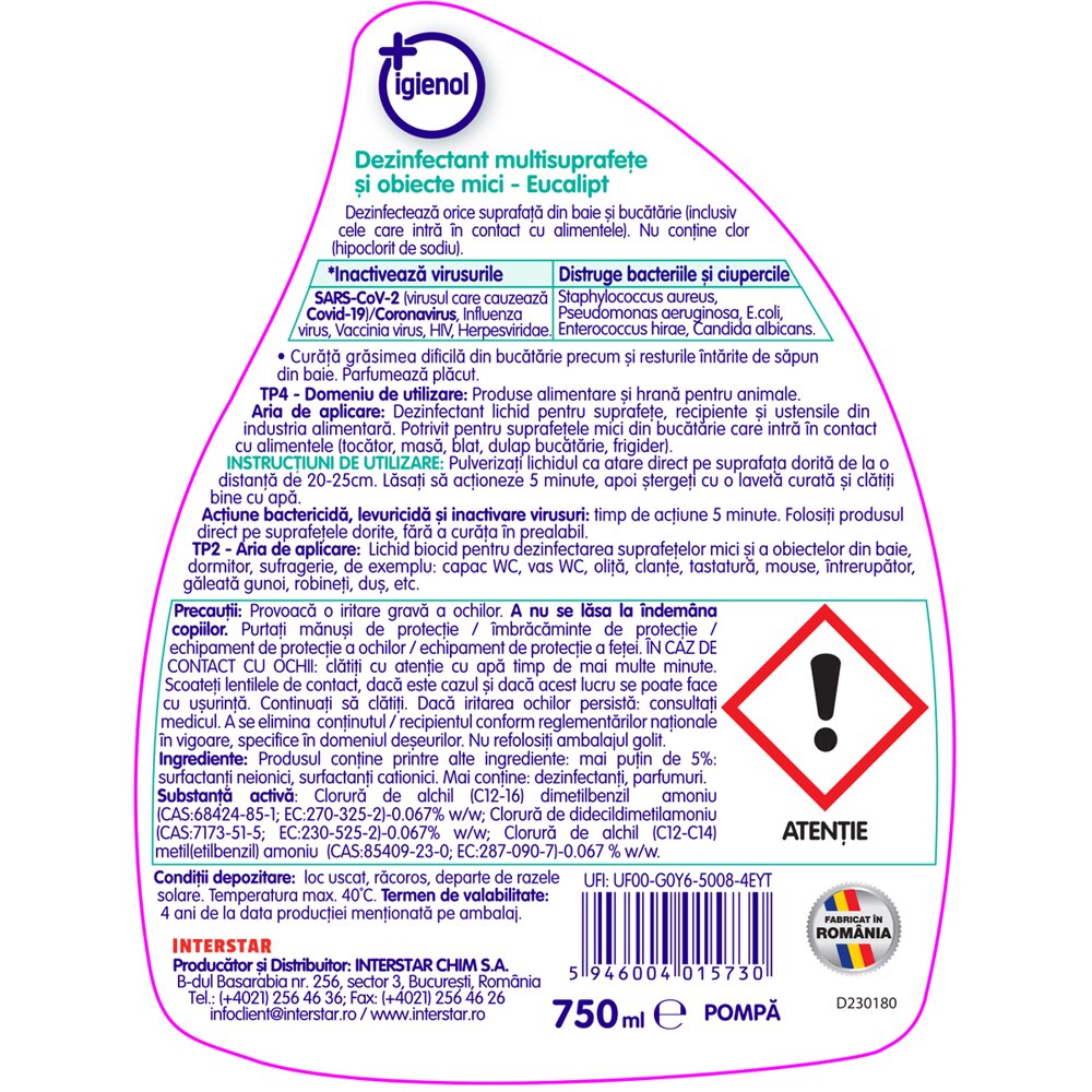 Spray dezinfectant suprafete IGIENOL Eucalipt, 750 ml