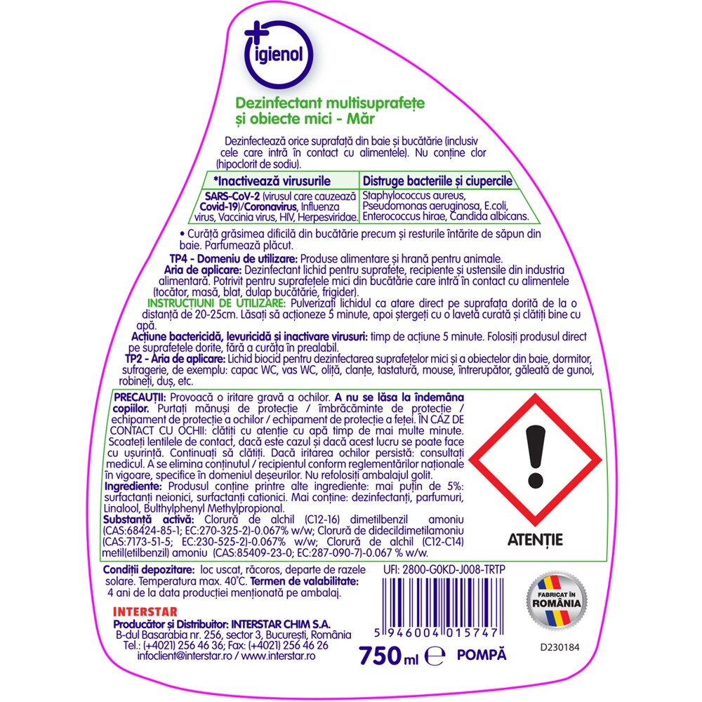 Spray dezinfectant suprafete IGIENOL Mar Verde, 750 ml