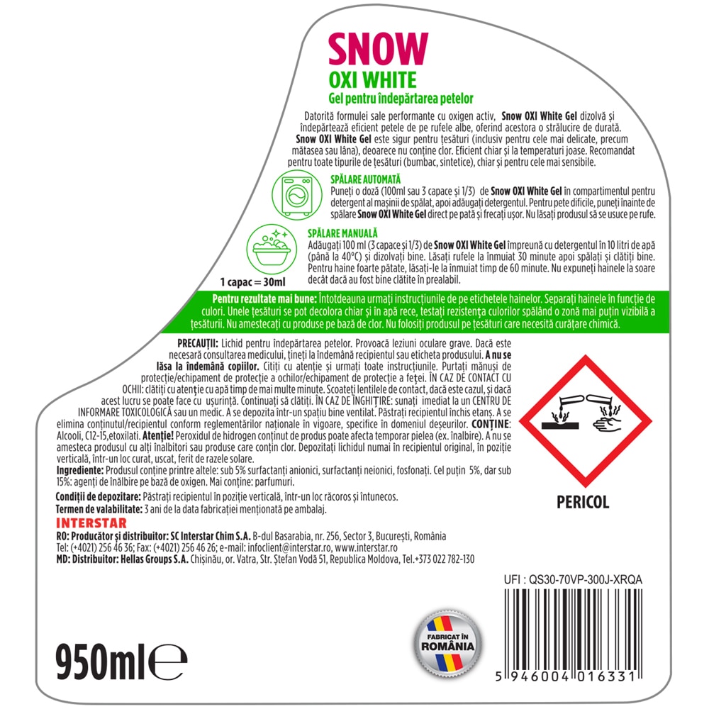 Solutie pentru indepartarea petelor SNOW Oxi White Gel, 950 ml