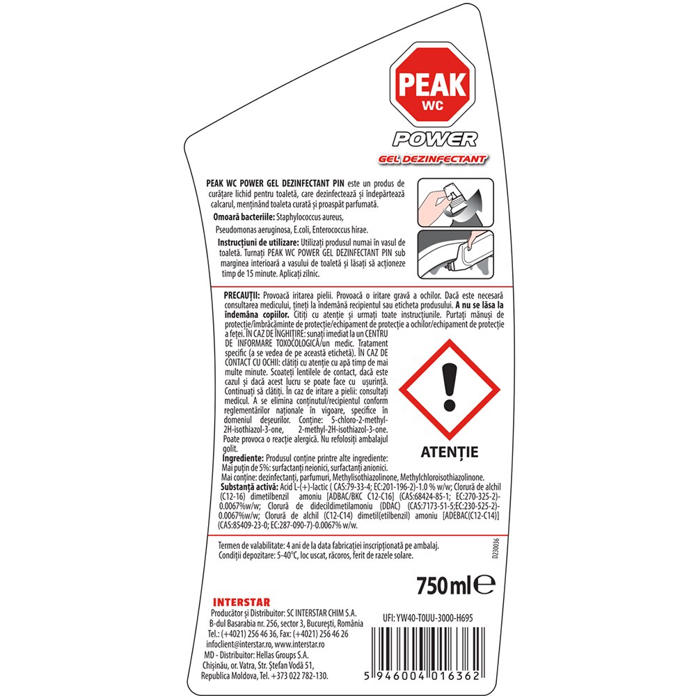 Dezinfectant pentru toaleta PEAK WC Pin, 750 ml