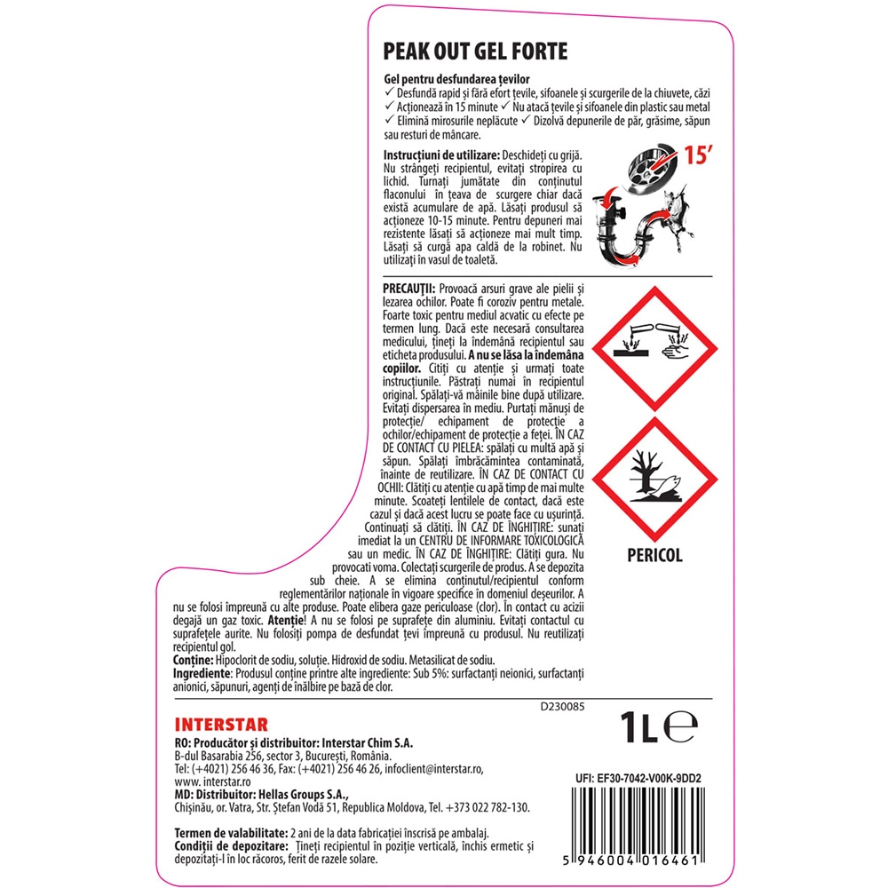 Gel pentru desfundat tevi PEAK Forte, 1l