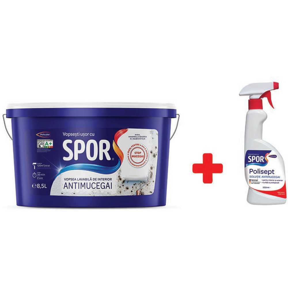 Vopsea lavabila SPOR Antimucegai, 8.5 l + Solutie antimucegai Polisept, 500 ml