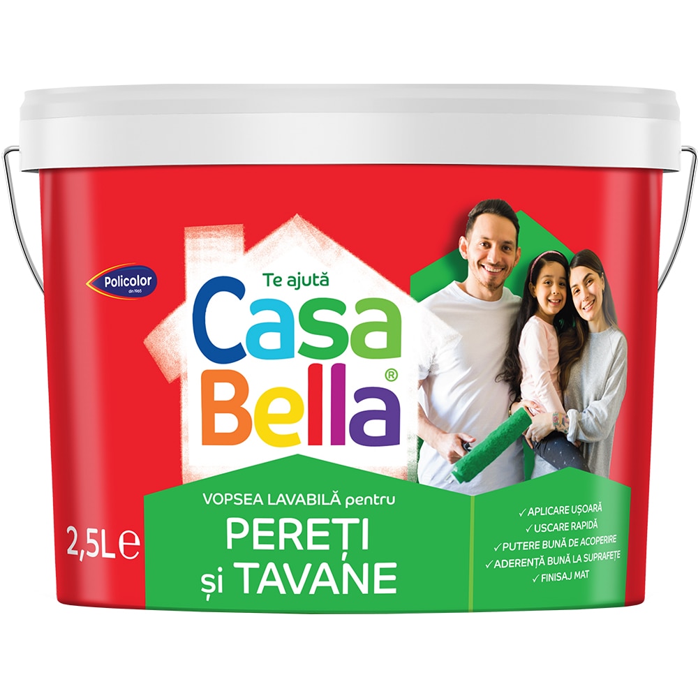 Vopsea lavabila CasaBella Pereti si Tavane, alb, 2.5 l