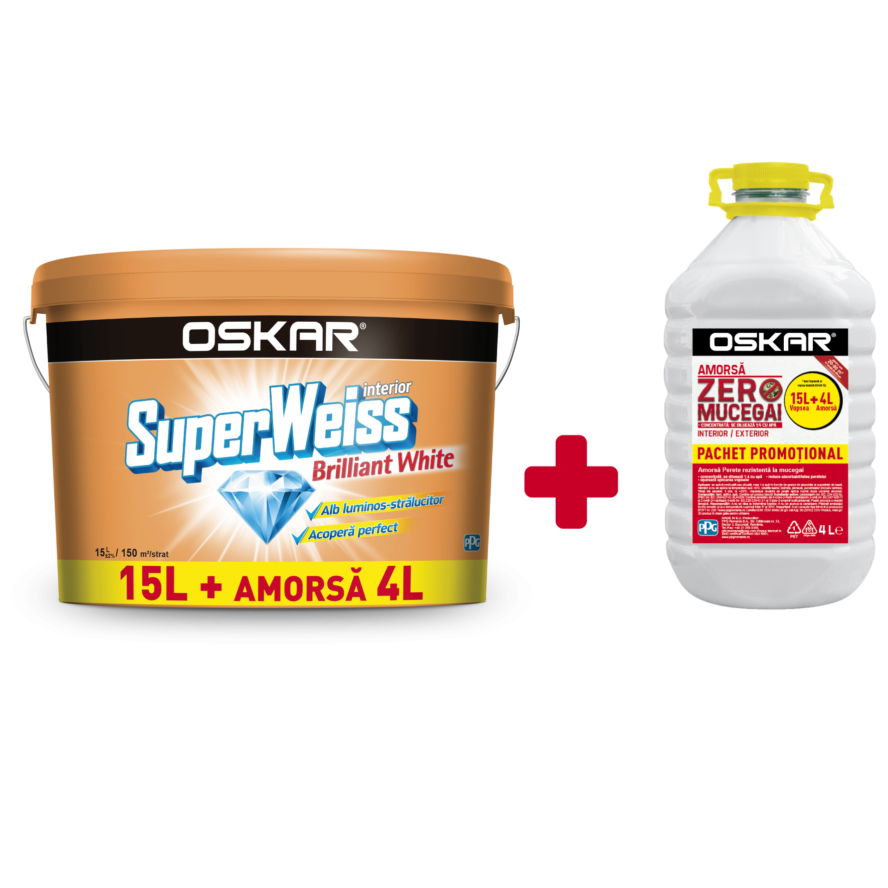 Vopsea lavabila Oskar SuperWeiss Brilliant, alb, 15 L, Interior + amorsa  4 L