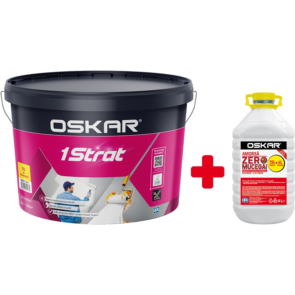 Pachet Vopsea Lavabila Oskar 1 Strat Alba 15L + Amorsa Zero Mucegai 4L